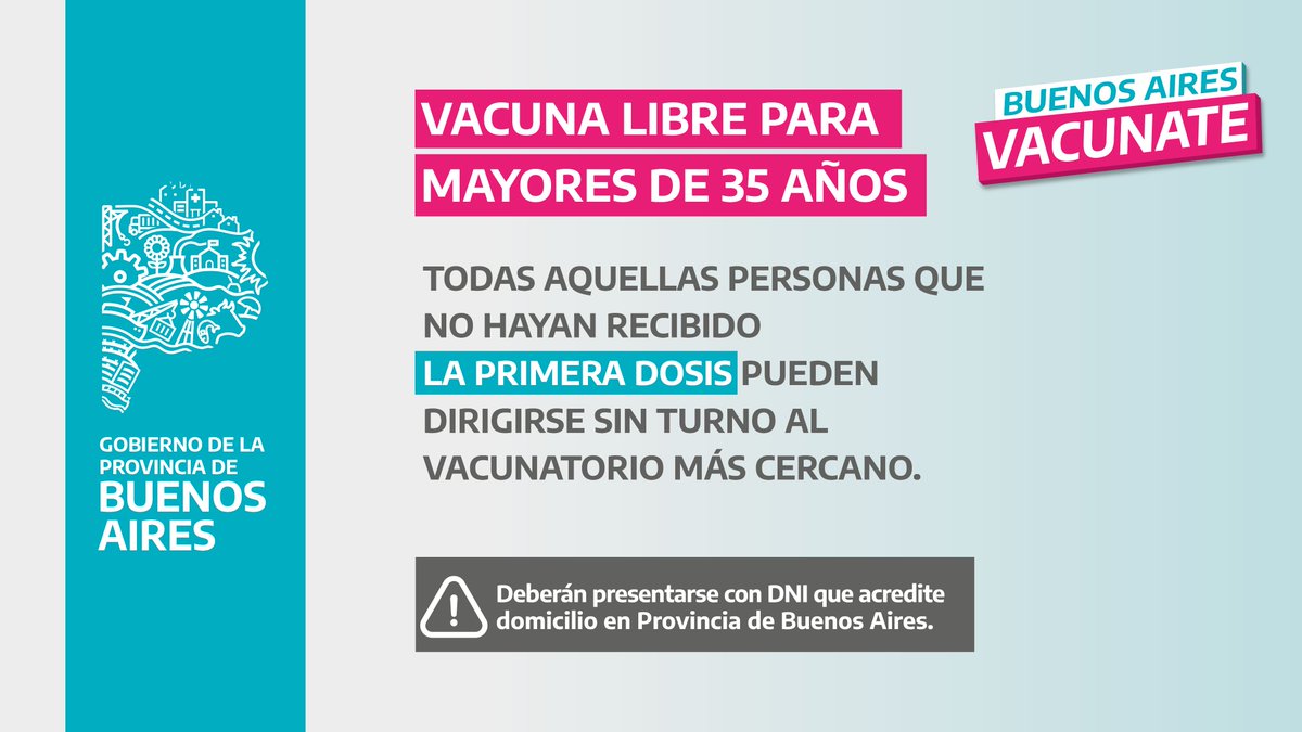 La provincia de Buenos Aires vacuna sin turno a mayores de 35 años sin riesgo