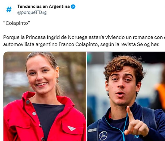 NOVELA DE AMOR O GRACIOSA FAKE!!! Franco Colapinto viviría un romance con Ingrid Alexandra, princesa de Noruega