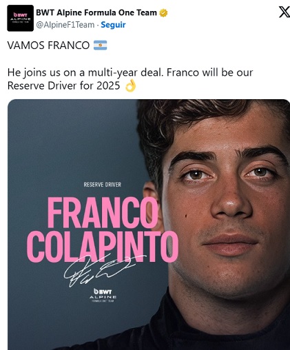 BOMBAZO!!!  F1: Franco Colapinto dejó Williams y es piloto de Alpine