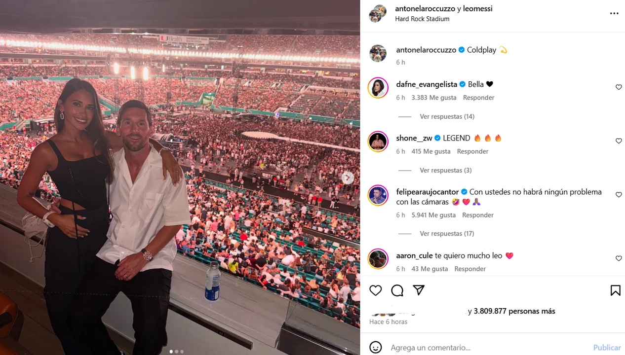 Leo Messi y Antonela Rocuzzo fueron captados por la «kiss cam» de Coldplay en Miami