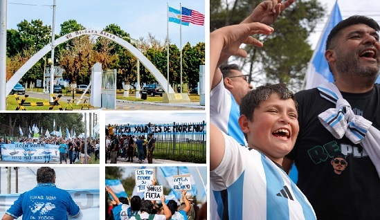 Izan la bandera de EE.UU en la VII Brigada Aérea de Moreno y hubo movilización y rechazo popular encabezado por veteranos de Malvinas y la intendenta Mariel Fernández: “¡Fuera, fuera, fuera yanquis fuera!”